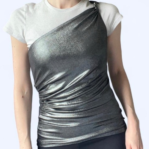 Cache Womens Silver Metallic One Shoulder Ruched Party Brat Summer Top Small - Picture 2 of 8